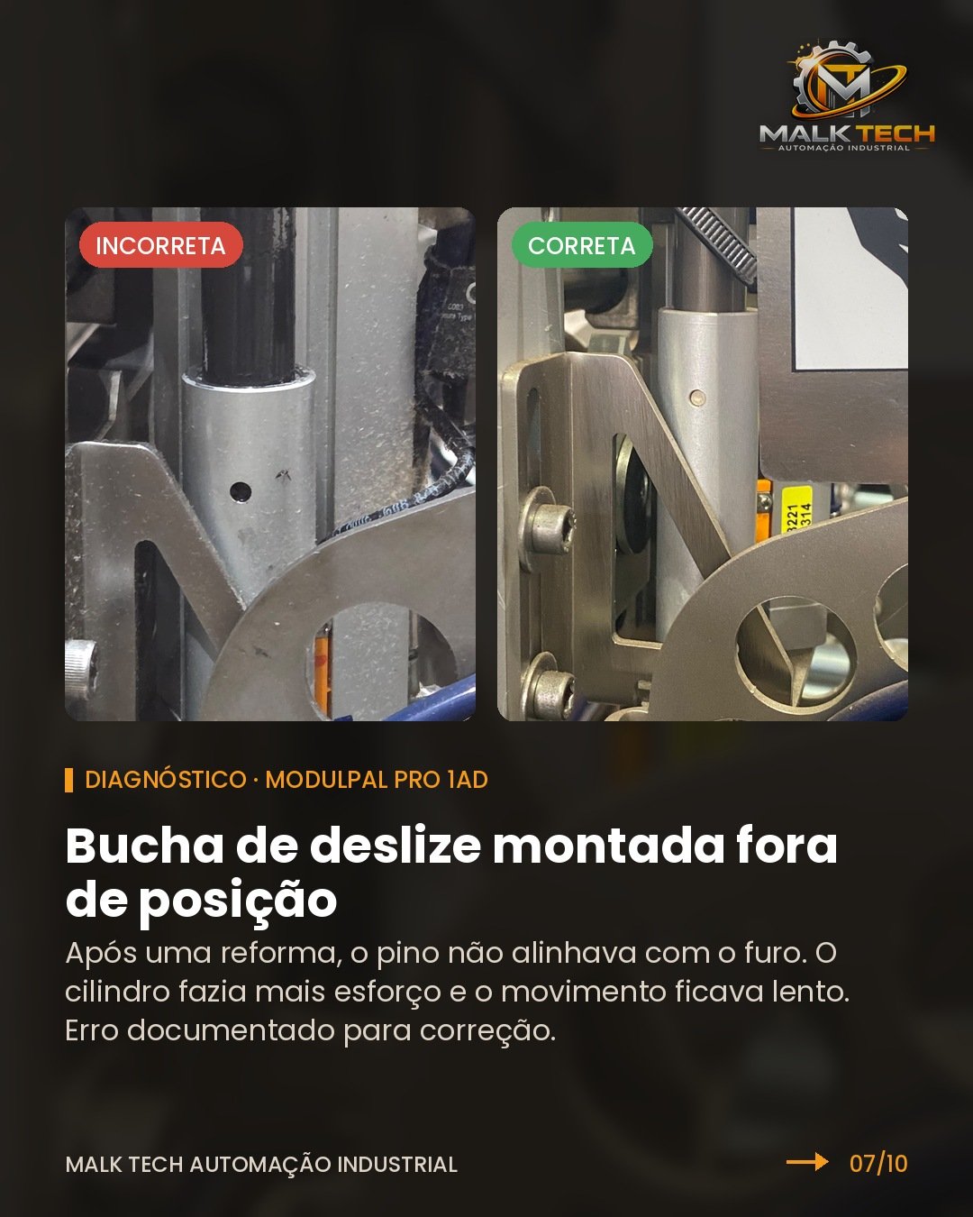 Bucha de deslize montada fora de posição, ao lado da montagem correta