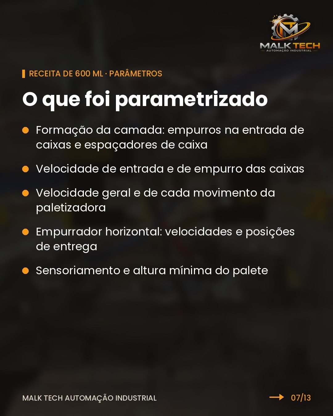 Parâmetros configurados na receita de 600 mL