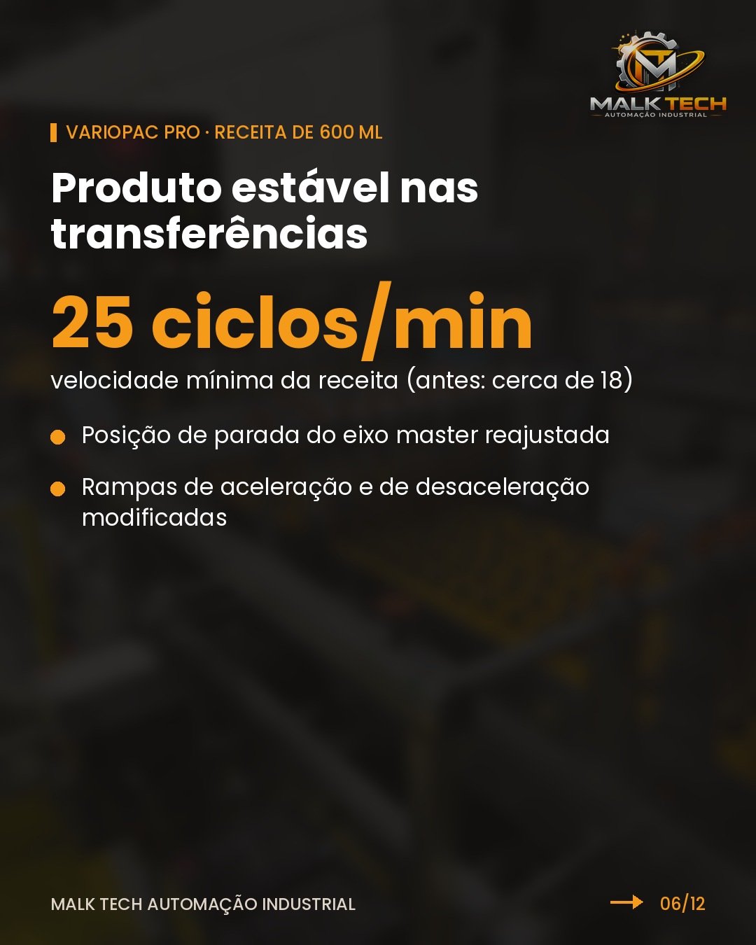 Receita de 600 mL com velocidade mínima de 25 ciclos por minuto